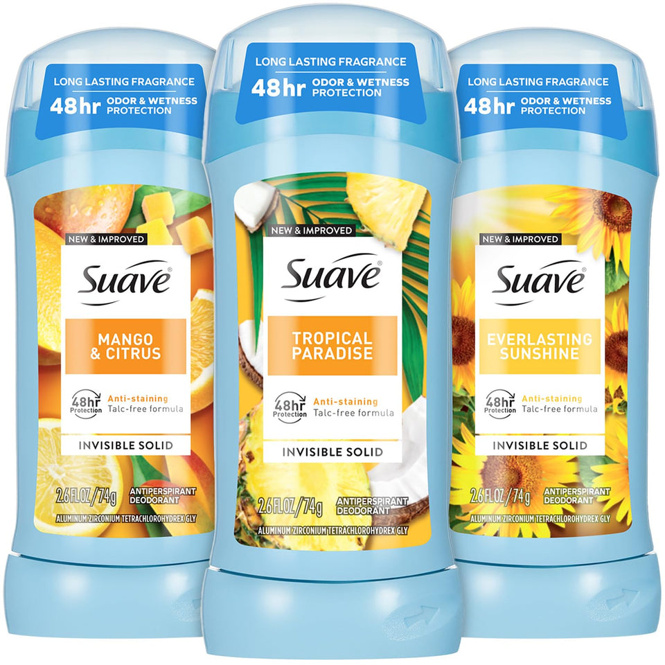 Suave variety pack front packaging showing three sticks and benefit of long-lasting protection