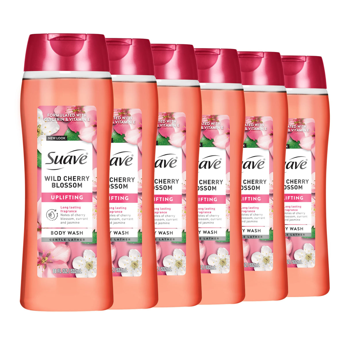 Suave bottle front packaging showing wild cherry blossom scent and moisturizing benefit