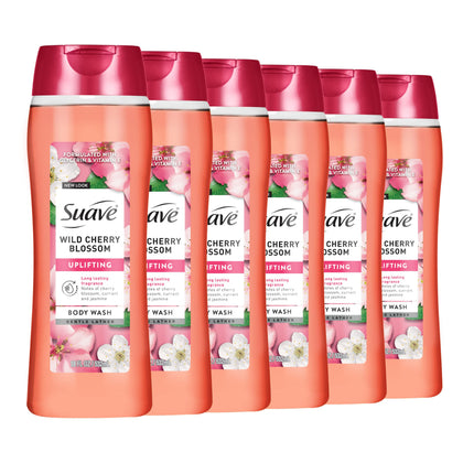 Suave bottle front packaging showing wild cherry blossom scent and moisturizing benefit
