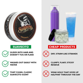 Hands applying Suavecito pomade showing smooth spread and control benefit