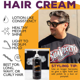 Suavecito before and after on long hair showing reduced frizz and shine