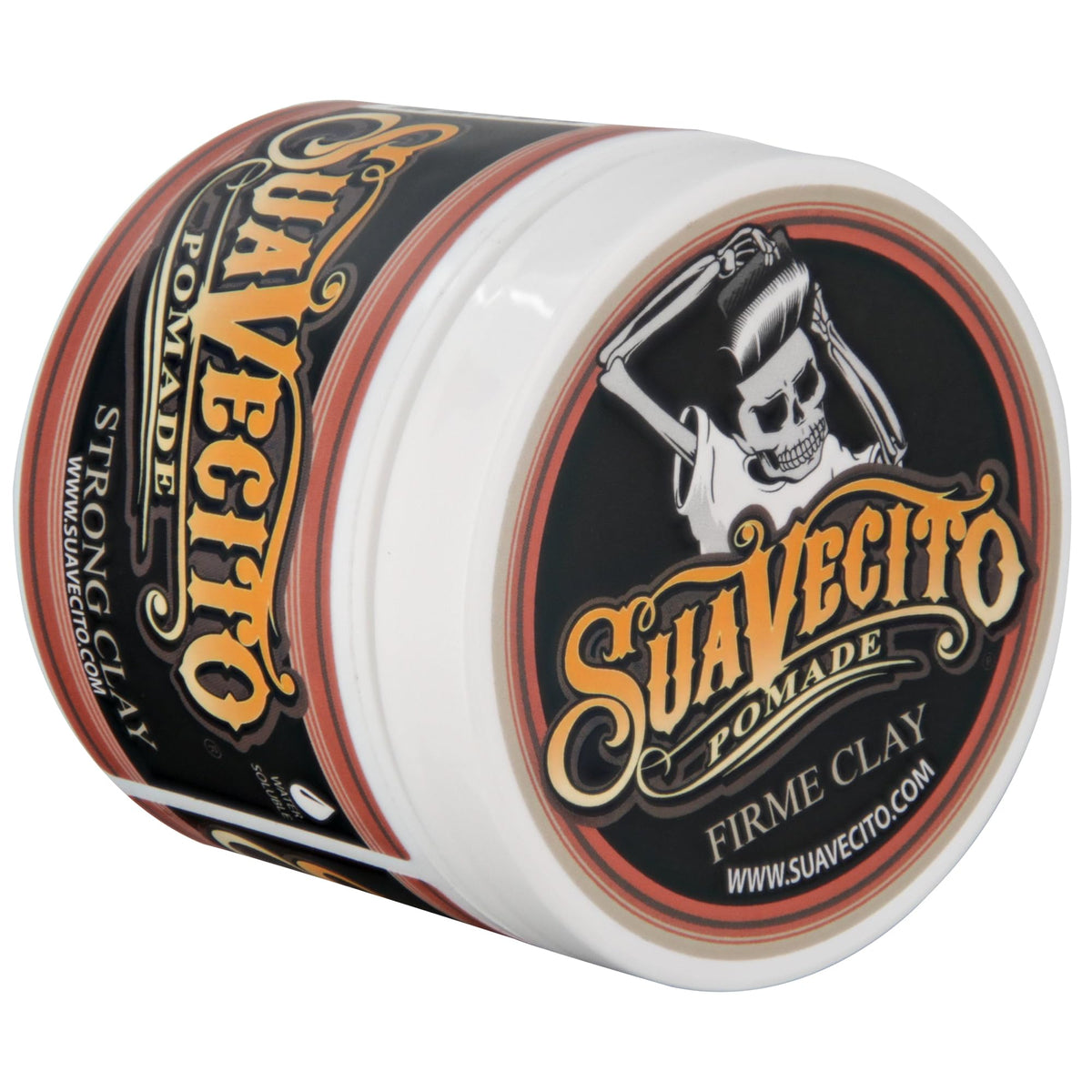 Open lid with Suavecito clay inside showing creamy, pliable consistency for styling