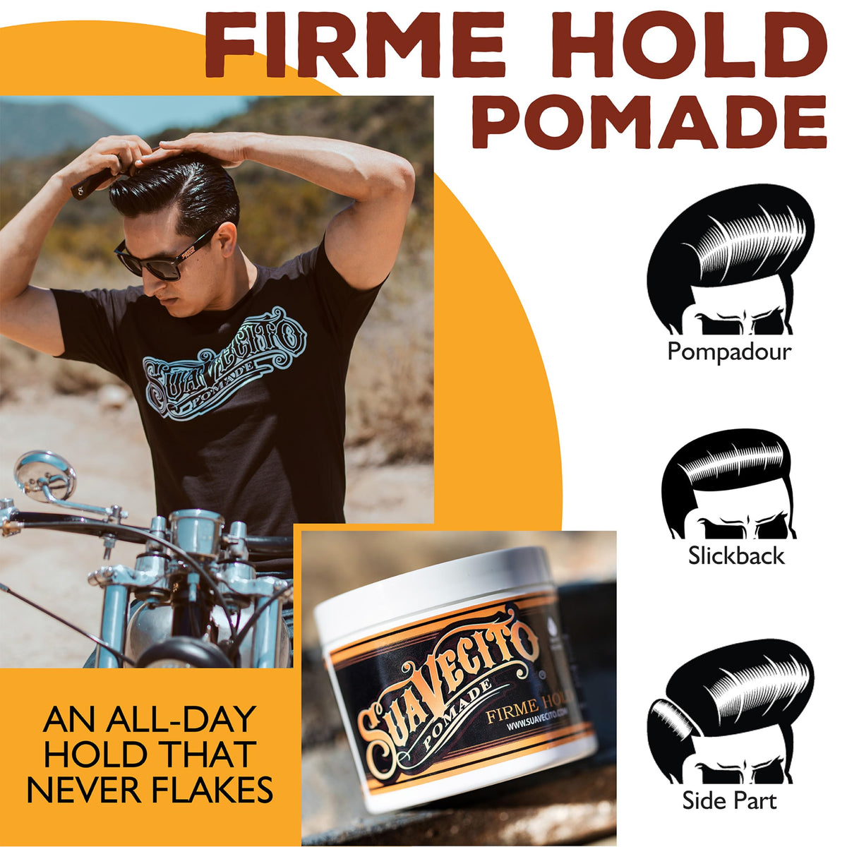 Suavecito Firme combed hairstyle showcasing firm hold and medium shine