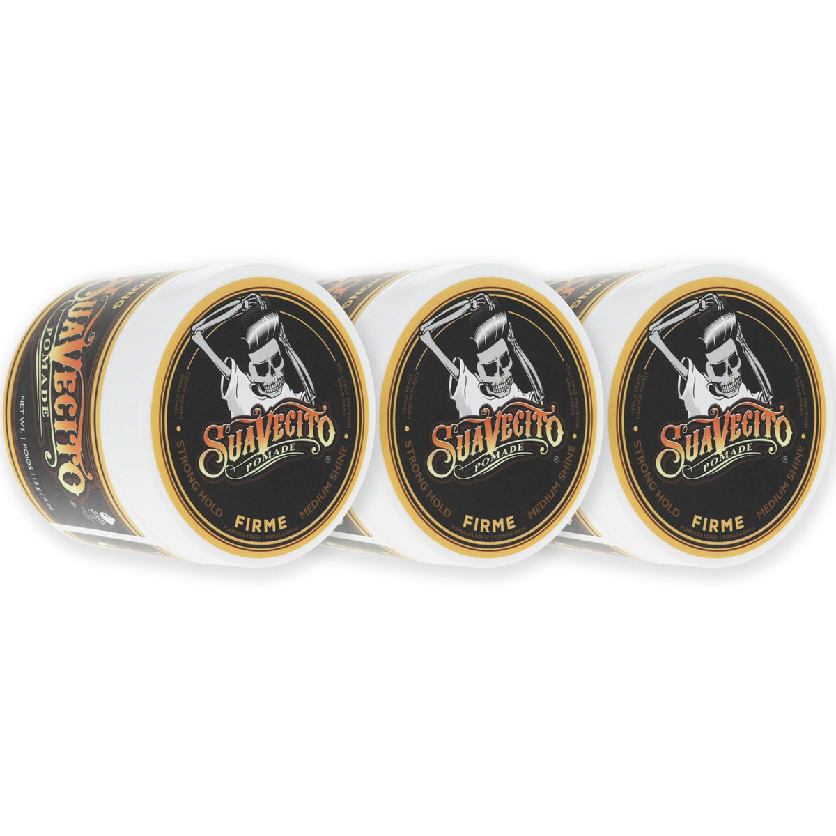 Suavecito front tin showing branding and strong hold benefits