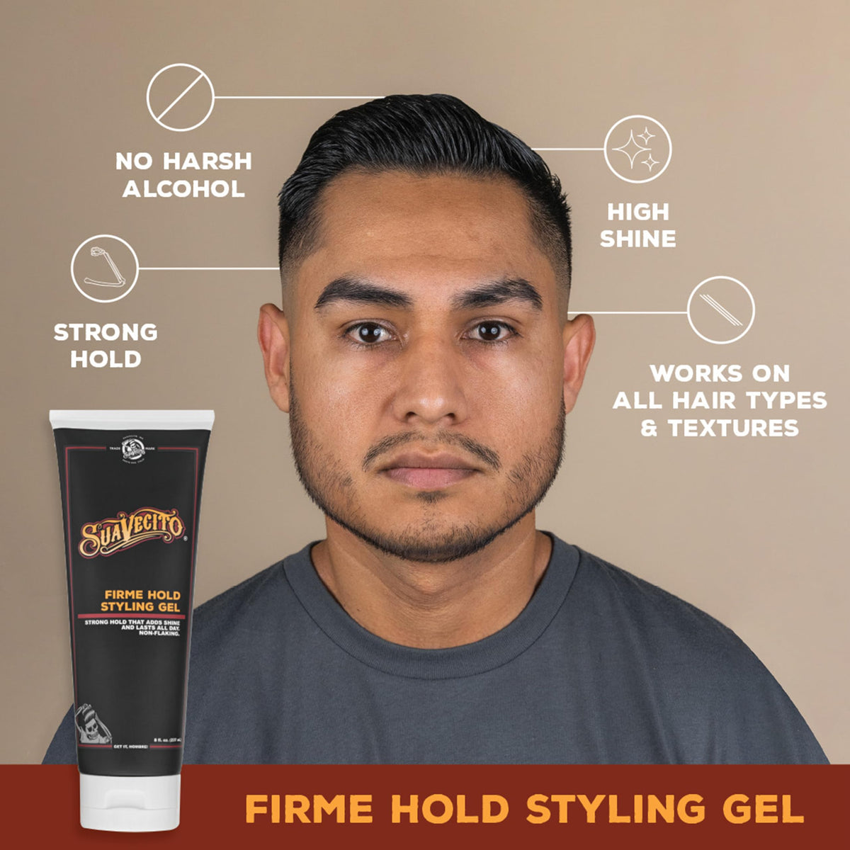 Model with slick-back hairstyle showing Suavecito firm hold finish