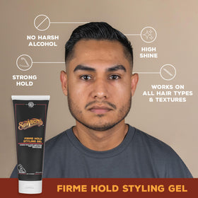 Model with slick-back hairstyle showing Suavecito firm hold finish