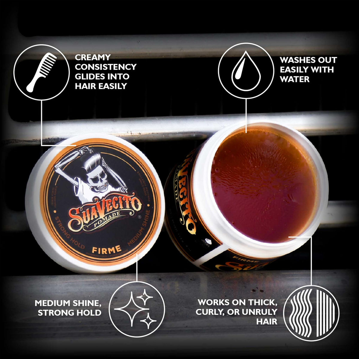 Suavecito open tin showing creamy texture for easy application