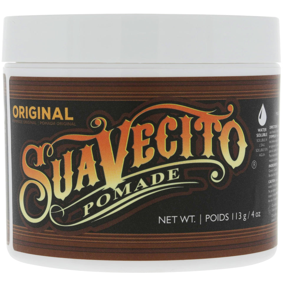 Suavecito jar front view showing 4 oz label and neat packaging benefit