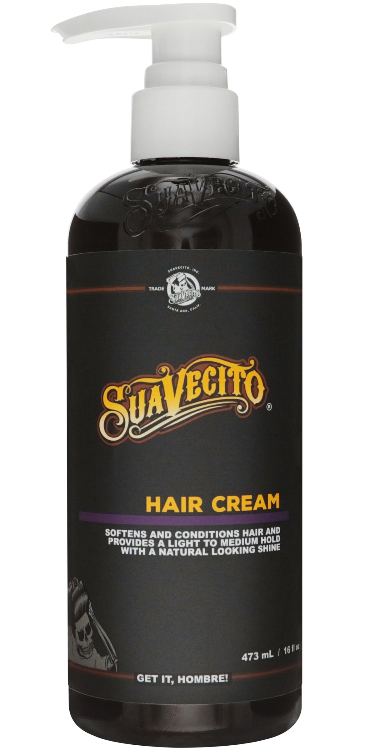 Suavecito pump bottle front view showing branding and convenient dispenser
