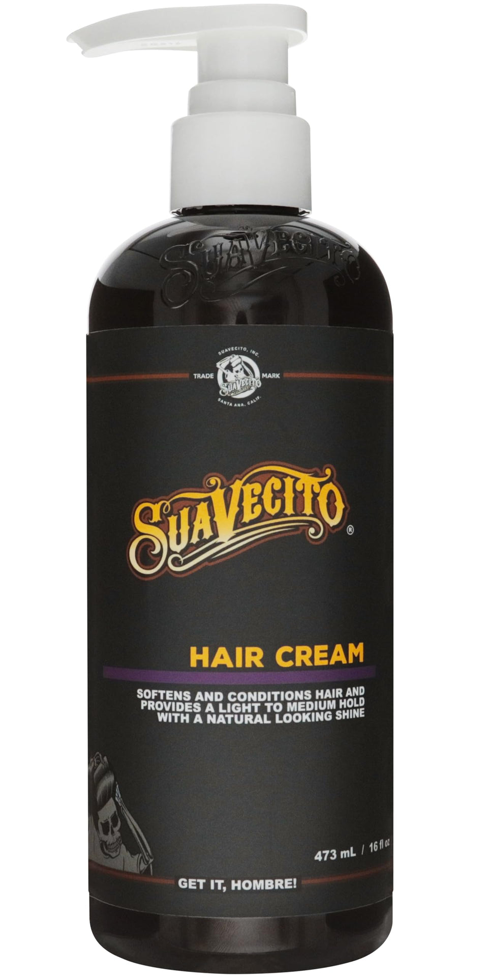 Suavecito pump bottle front view showing branding and convenient dispenser