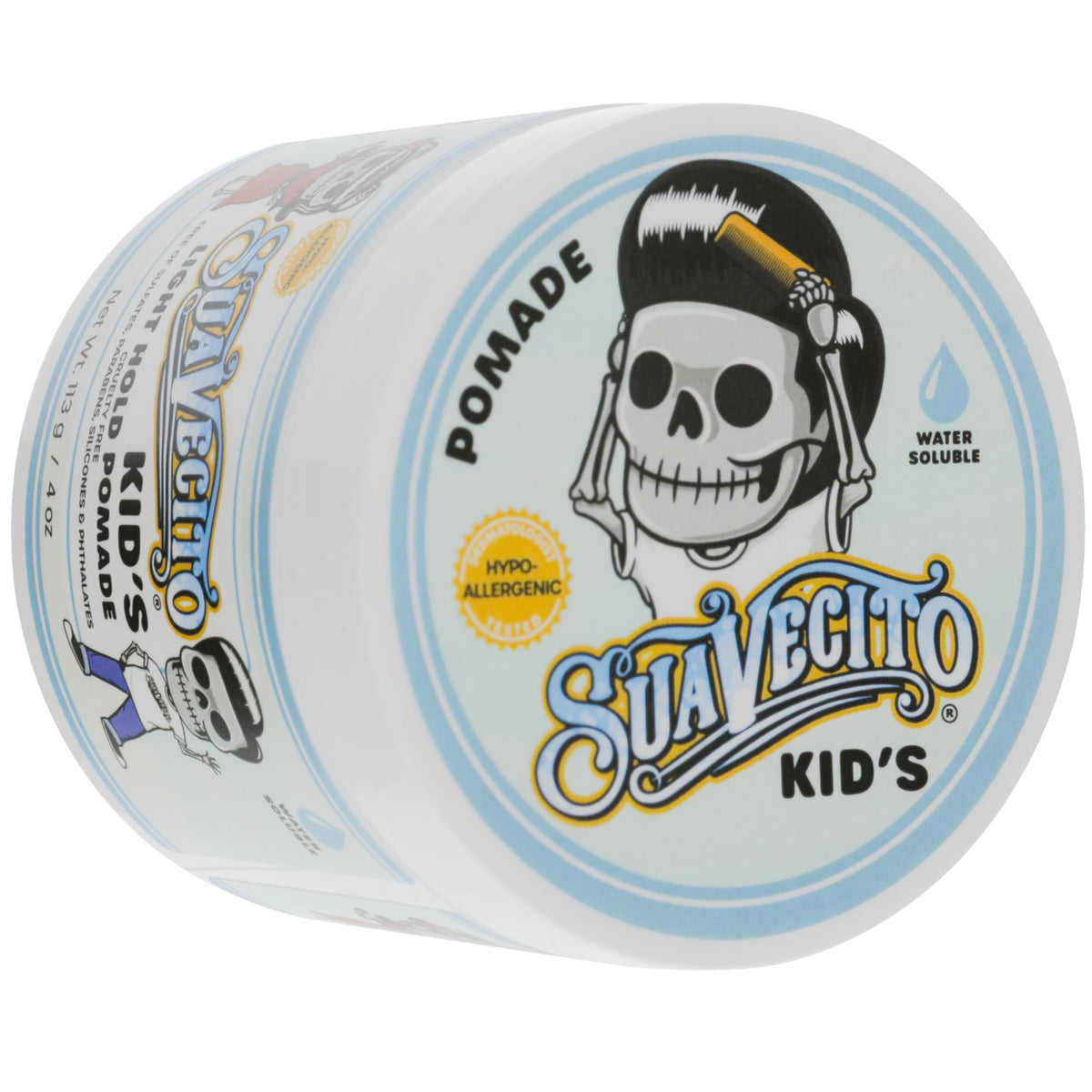 Ingredient label close-up on Suavecito jar highlighting hypoallergenic formula