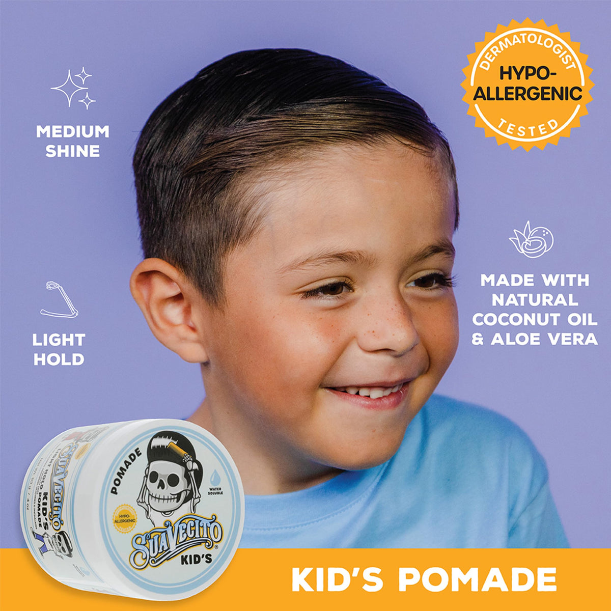 Child with styled hair using Suavecito demonstrating soft hold and natural look