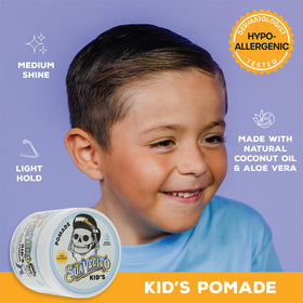 Child with styled hair using Suavecito demonstrating soft hold and natural look