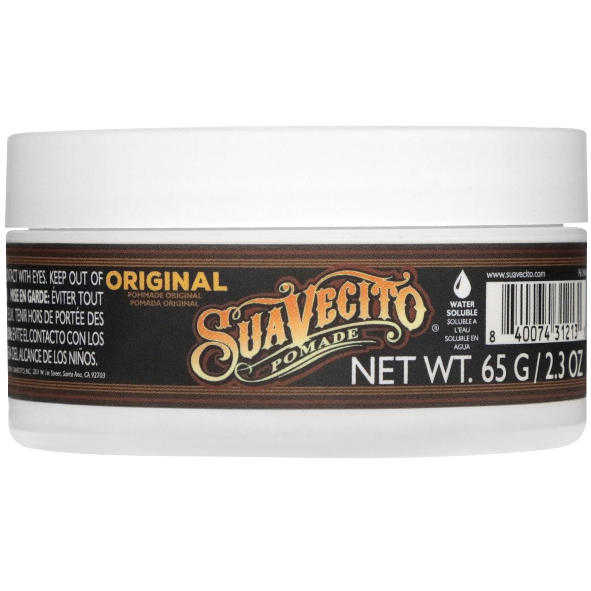 Close-up of Suavecito label showing product details and ingredient clarity