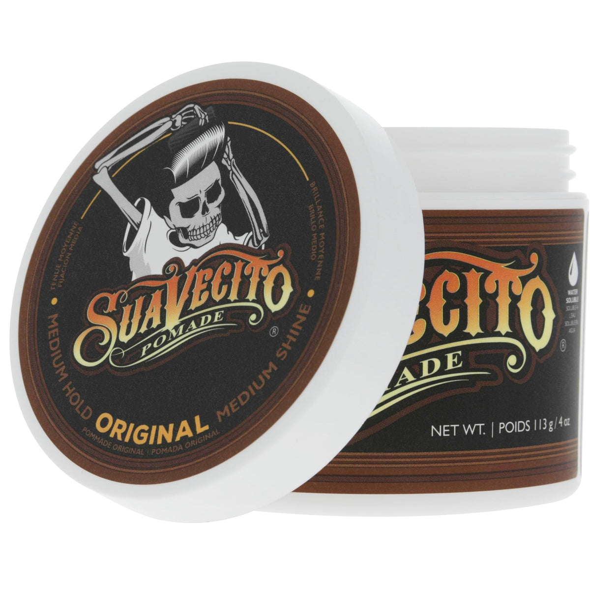 Suavecito on bathroom vanity with styling tools conveying everyday use readiness