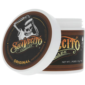 Suavecito on bathroom vanity with styling tools conveying everyday use readiness