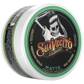 Suavecito front jar showing matte pomade packaging and clear product identity