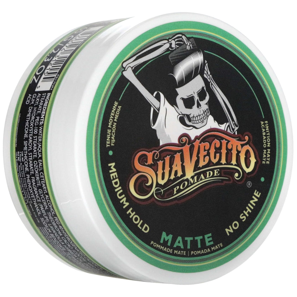 Suavecito front jar showing matte pomade packaging and clear product identity