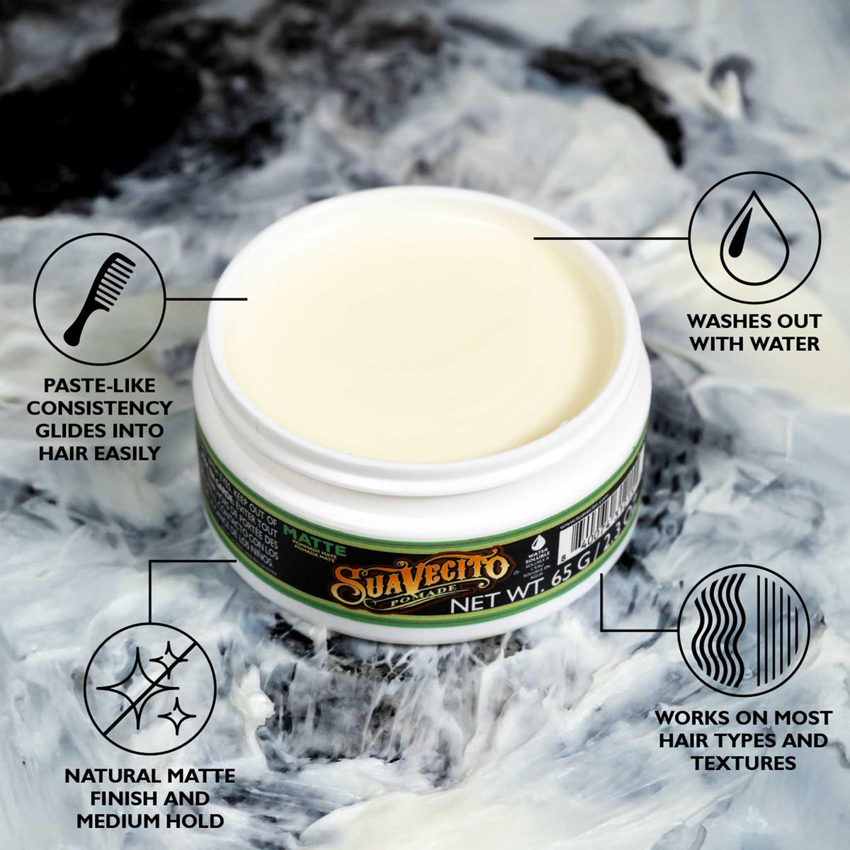 Suavecito open jar texture close-up showing creamy matte paste for easy styling