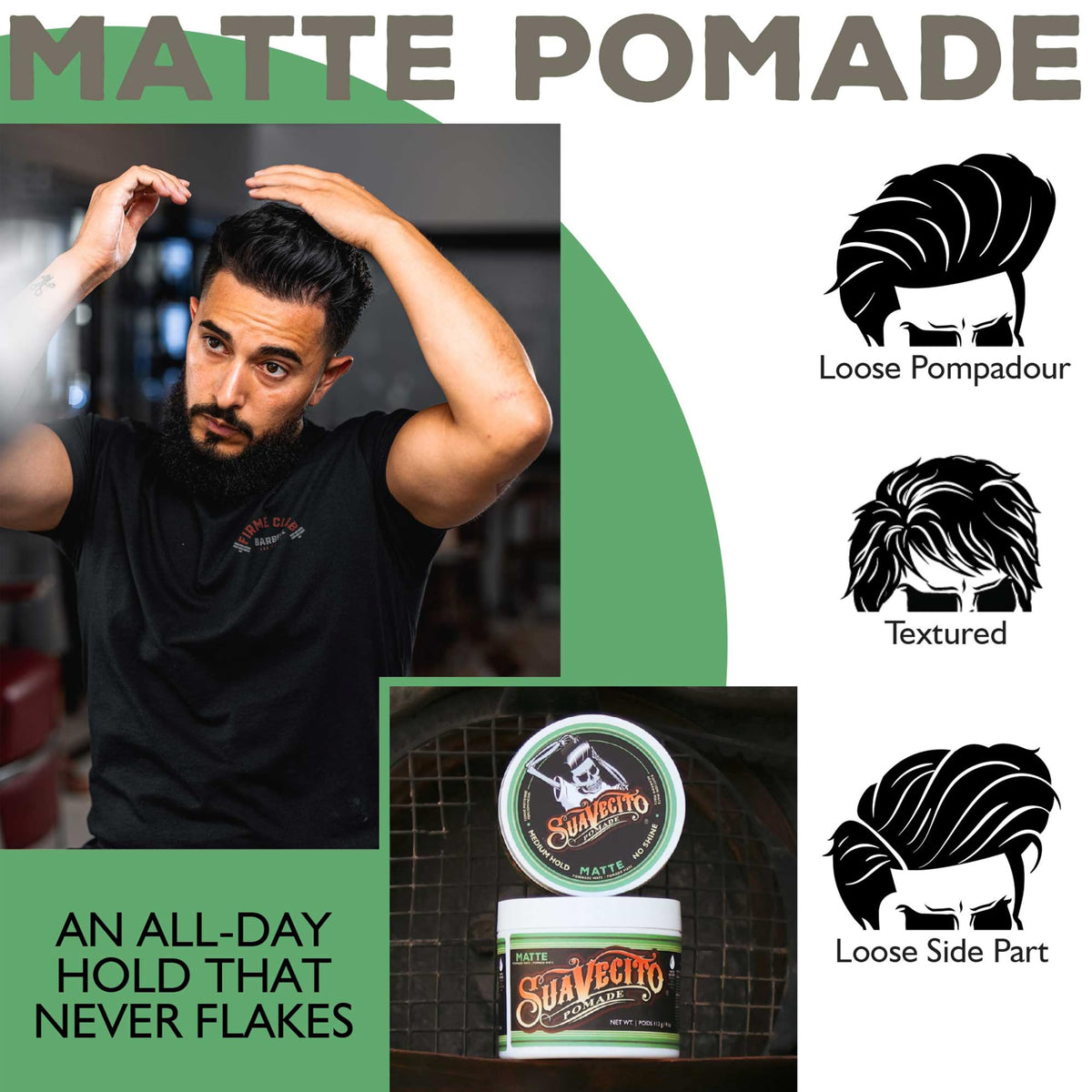 Combed hairstyle finished with Suavecito matte pomade keeping low shine