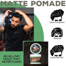 Combed hairstyle finished with Suavecito matte pomade keeping low shine