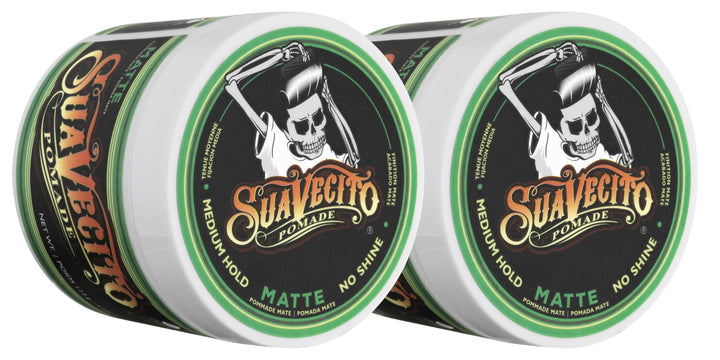 Suavecito matte pomade front packaging showing two 4 oz tins for convenience