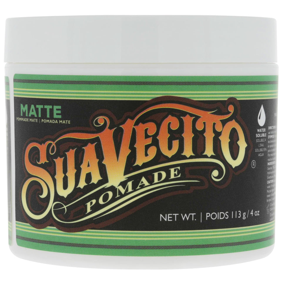 Suavecito front packaging of matte pomade showing brand and no shine benefit