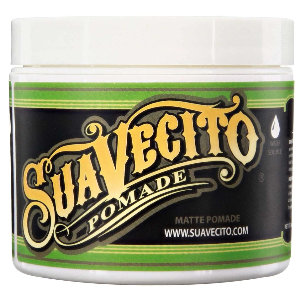 Suavecito matte pomade front tub showing label and size, clean branding benefit