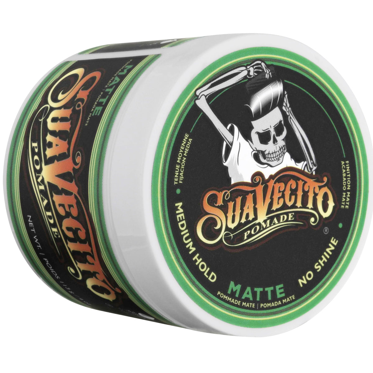 Close-up Suavecito label and ingredients highlighting water-soluble formula