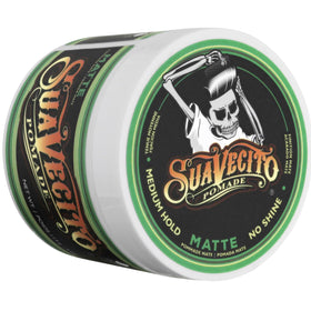 Close-up Suavecito label and ingredients highlighting water-soluble formula