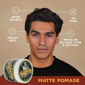 Suavecito matte pomade in barbershop setting showing professional styling benefit