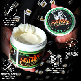 Open Suavecito tin showing creamy matte paste texture for easy styling