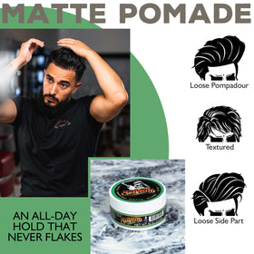 Suavecito styled hair on model showing natural matte texture and medium hold