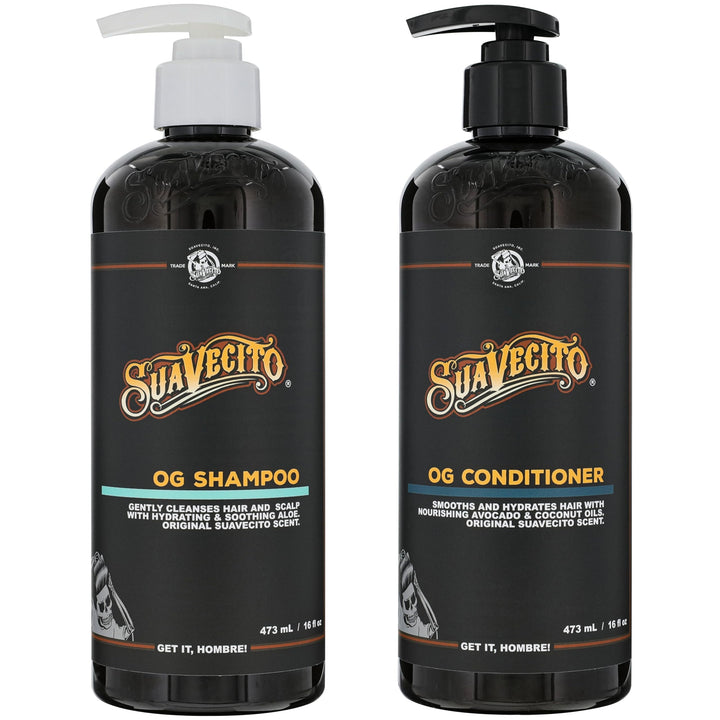 Suavecito front packaging showing 16 oz pump bottles and product clarity benefit