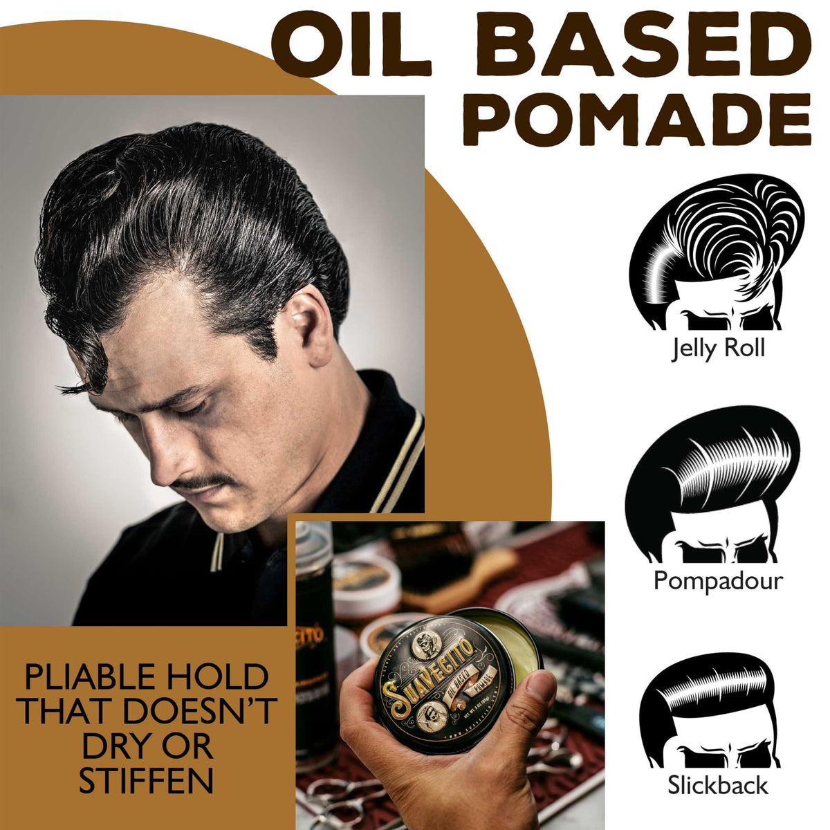 Suavecito creating a pompadour in lifestyle shot for high shine benefit