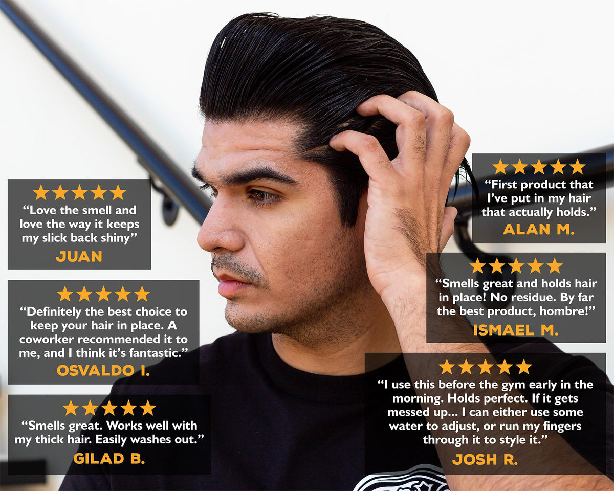 Suavecito side profile slick-back haircut illustrating medium shine benefit