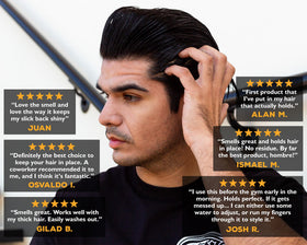 Suavecito side profile slick-back haircut illustrating medium shine benefit