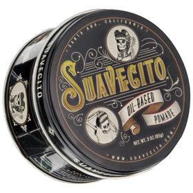 Suavecito tin next to hand for scale indicating portable 3oz benefit