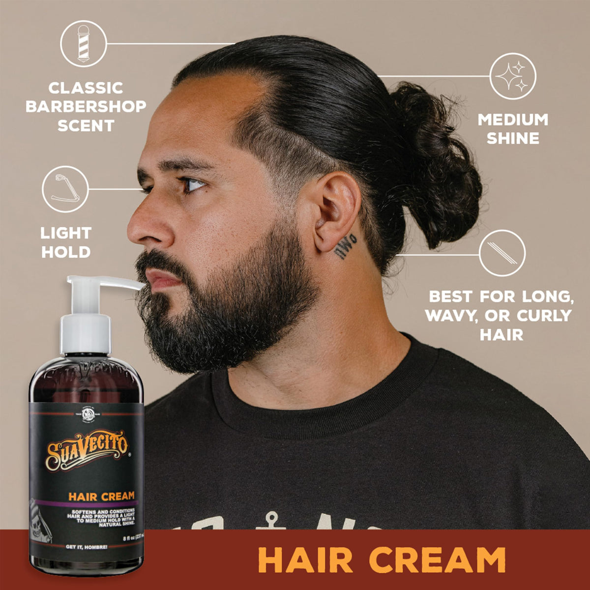 Suavecito 8 oz bottle held in hand illustrating portable size
