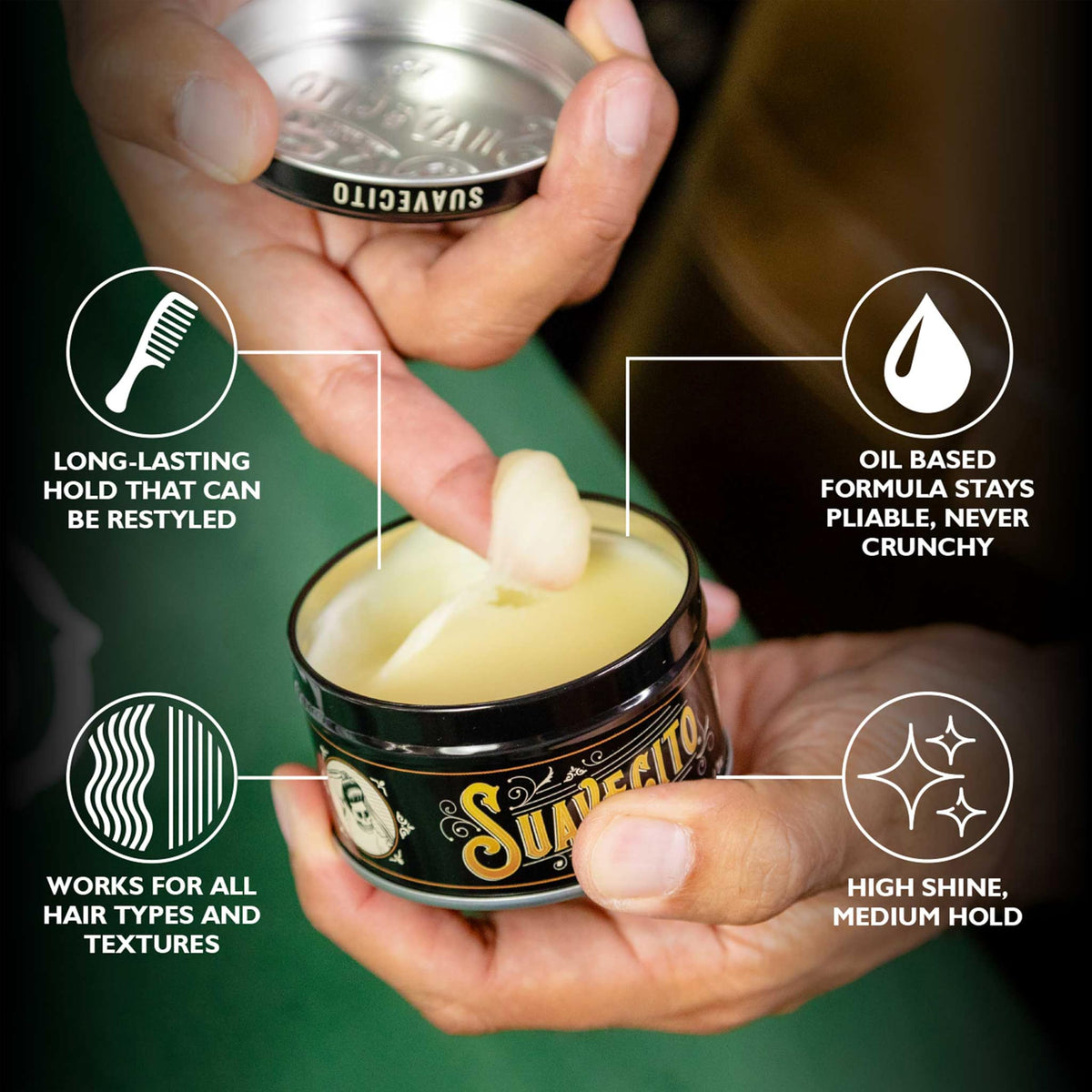 Suavecito used in slickback style on model for lasting hold benefit