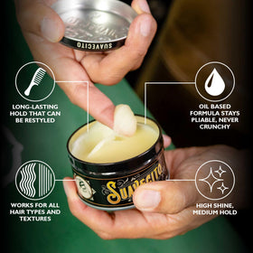 Suavecito used in slickback style on model for lasting hold benefit