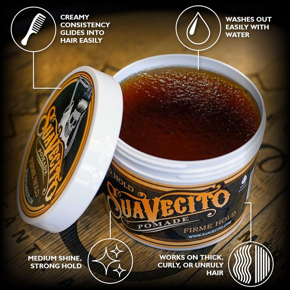 Suavecito open tub close-up of creamy texture for easy application benefit