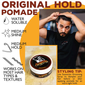 Man wearing Suavecito-styled pomp showing lasting shape and polished look