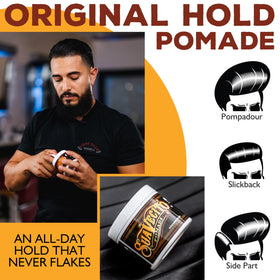 Model with slicked-back hair styled with Suavecito delivering neat shine