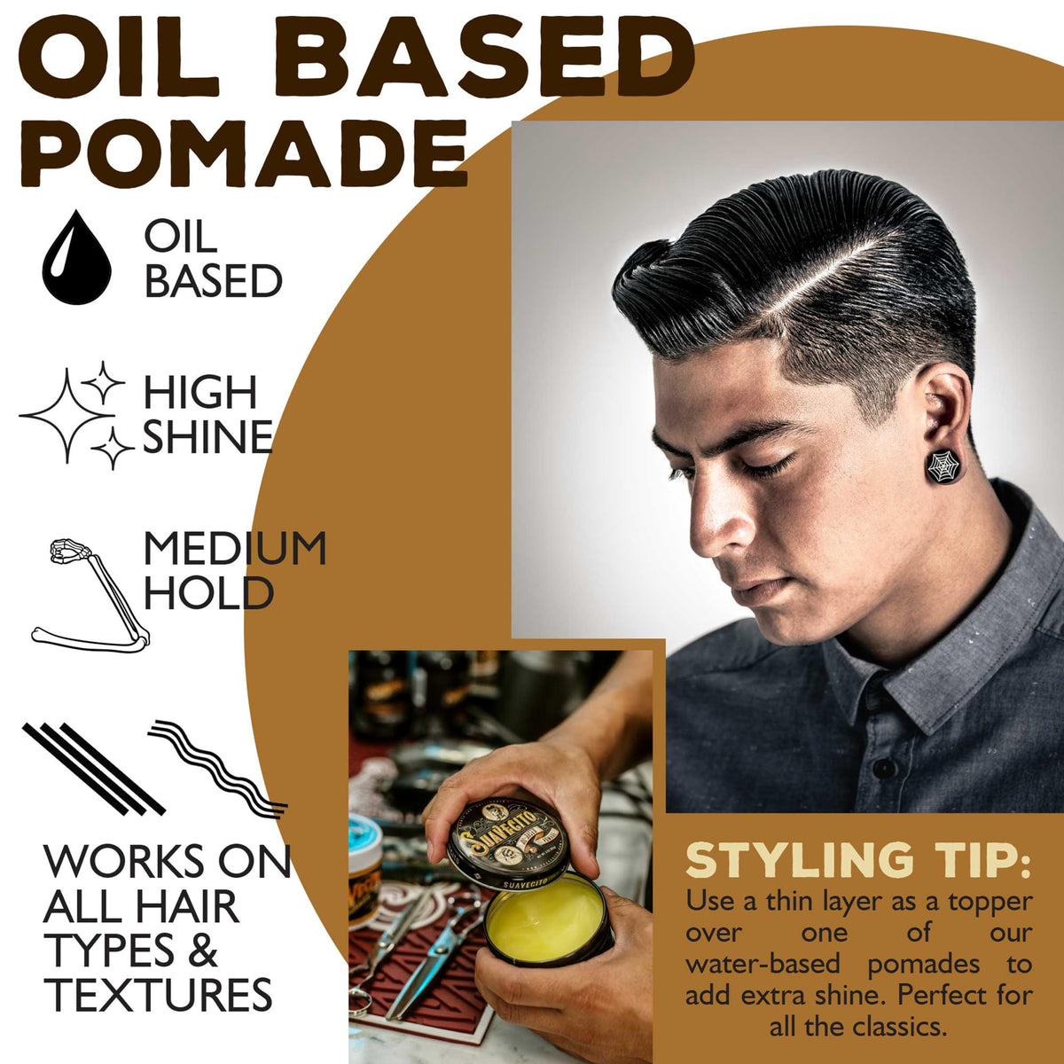 Suavecito open tin showing glossy product surface and workable hold benefit