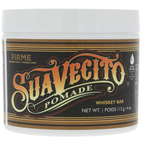 Suavecito Whiskey Bar front tub showing product branding and strong hold benefit