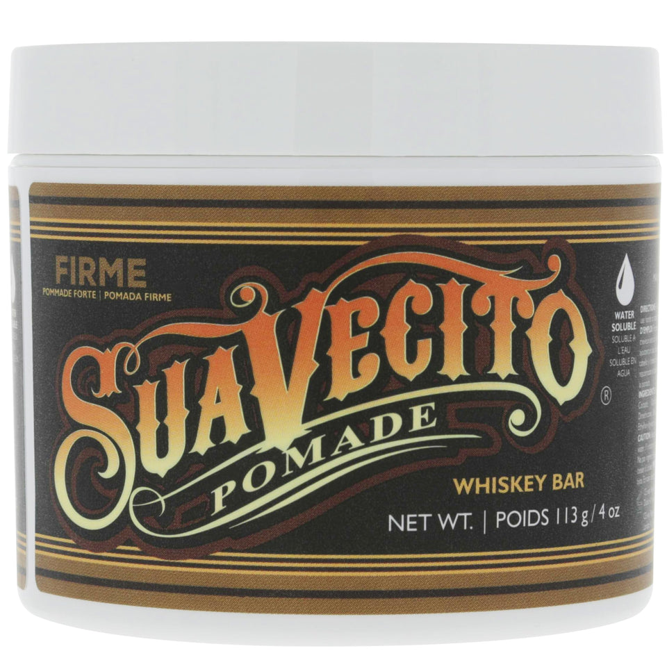Suavecito Whiskey Bar front tub showing product branding and strong hold benefit