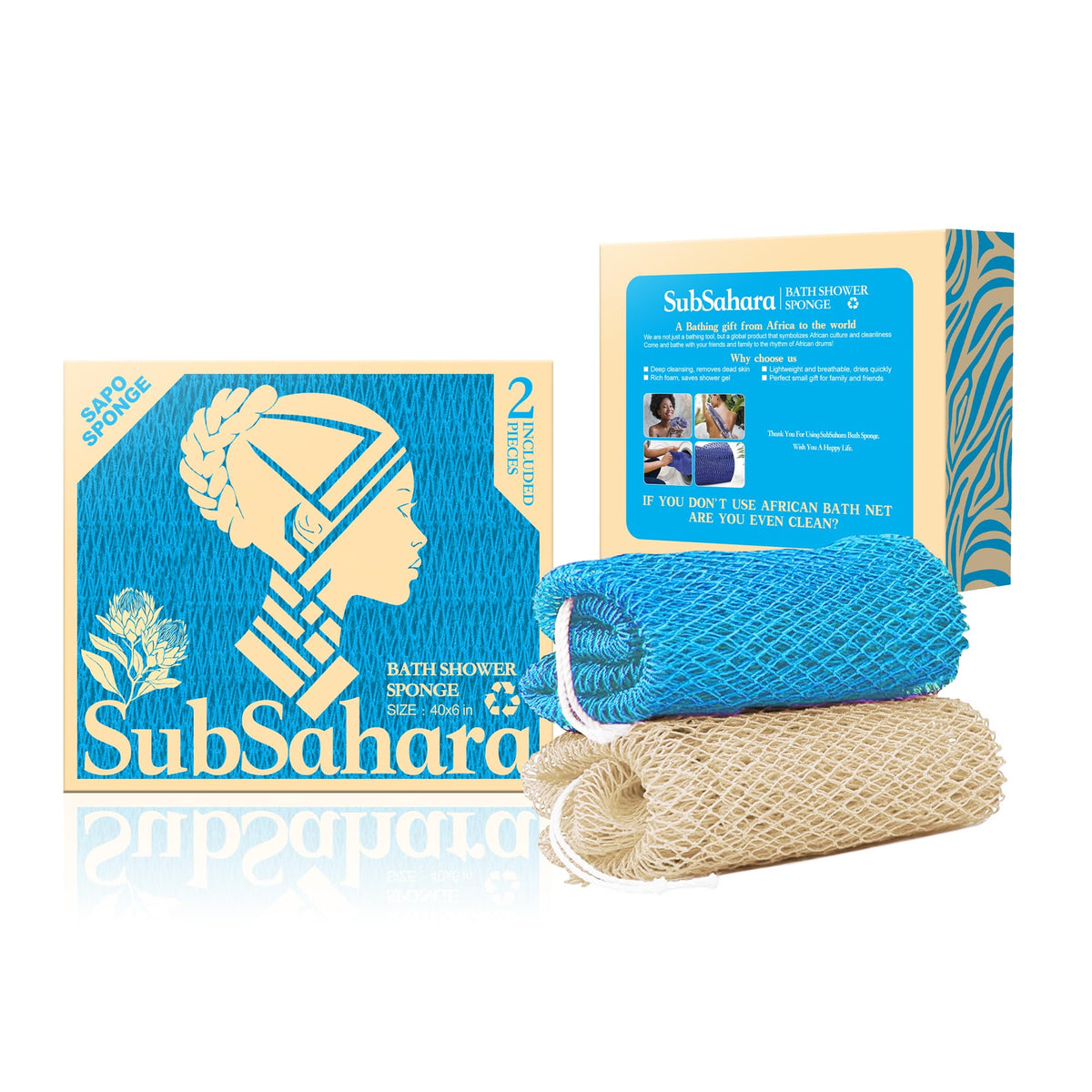 SubSahara front packaging showing two-color sponge set and benefits