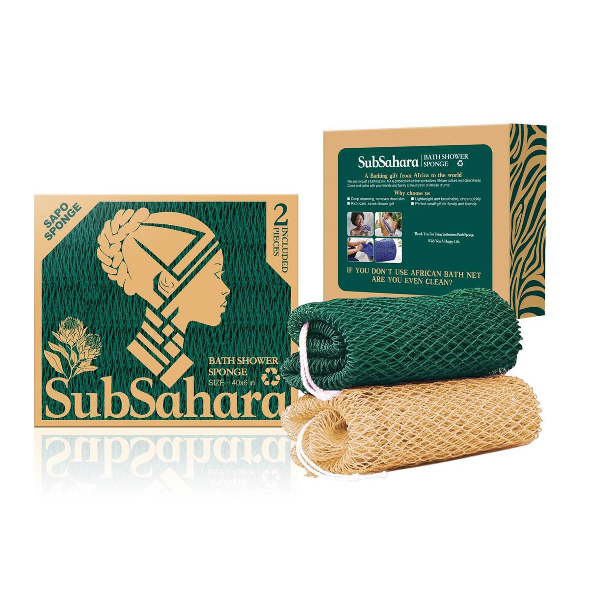 SubSahara front view of two-pack sponges showing colors and pouch, travel ready