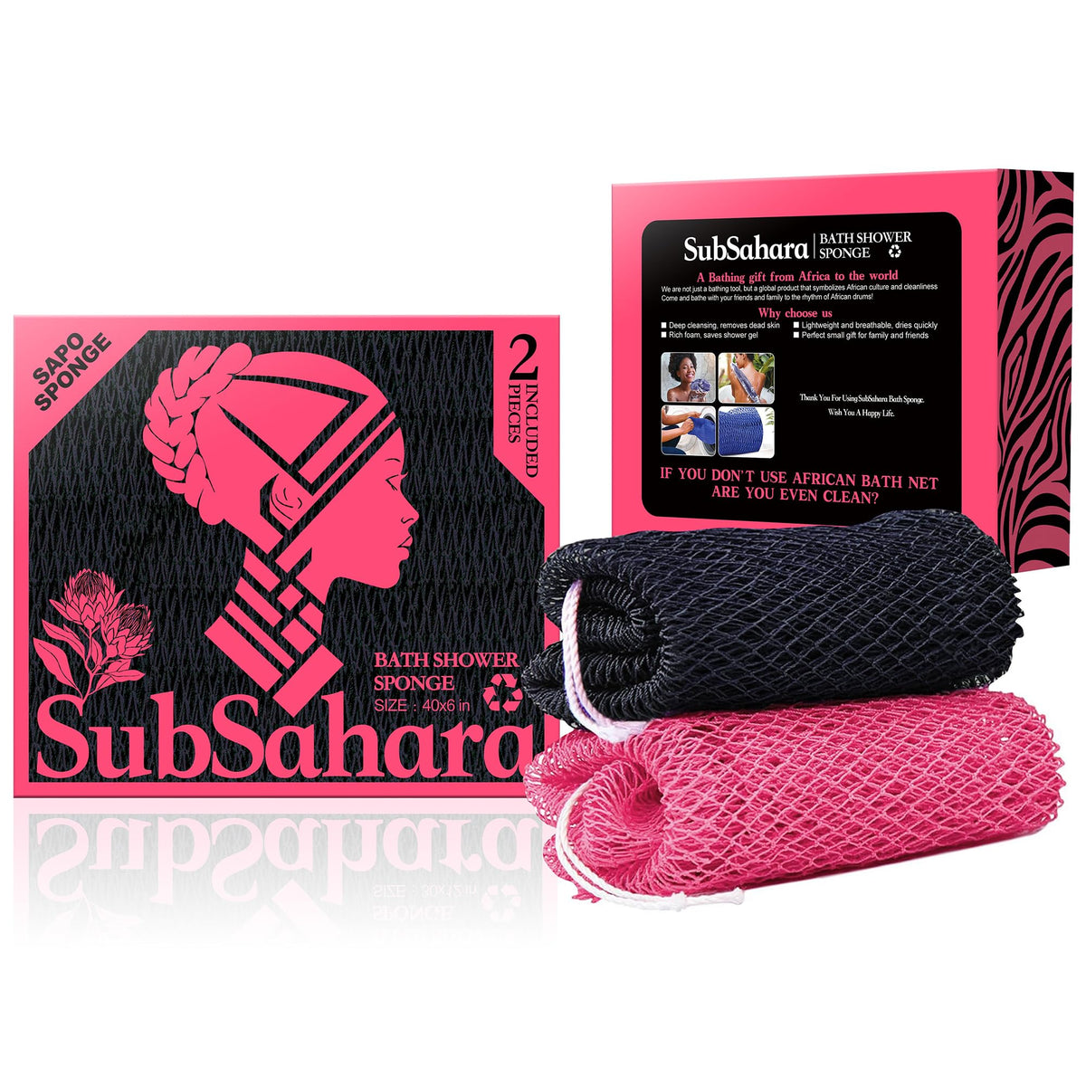 SubSahara front packaging showing two colored net sponges for versatile cleansing